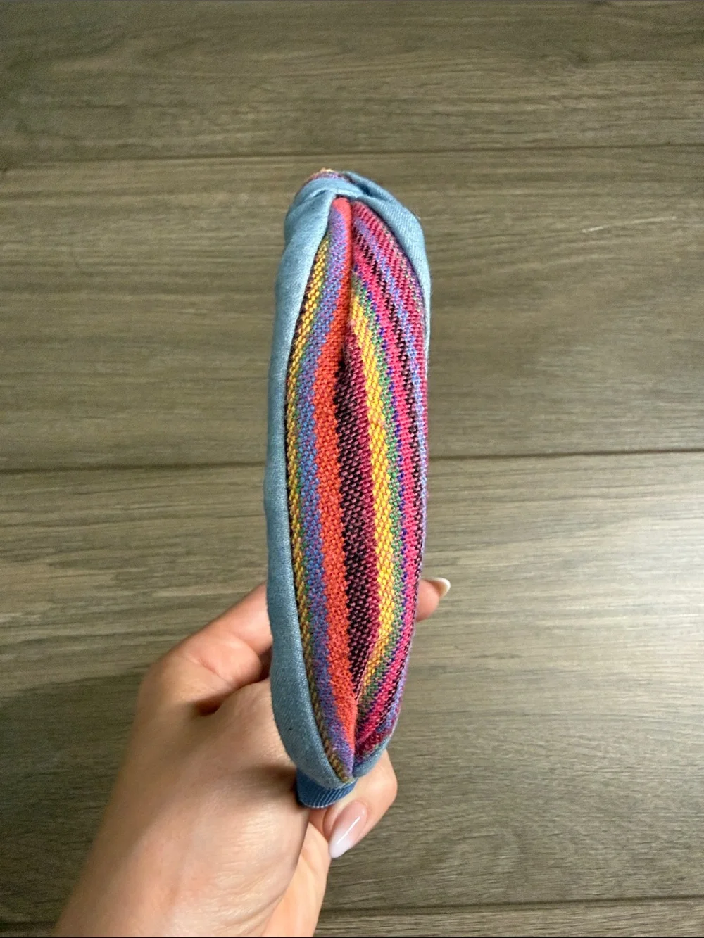 Light Blue Fabric Headband with Multicolor Knotted Accent